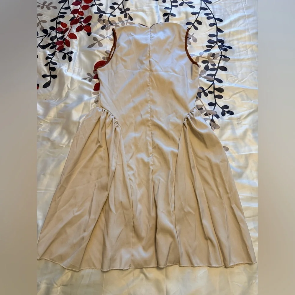 Beige & Brown Three Tie Bow Design Mini Dress spring summer ruched waist - Picture 4 of 7